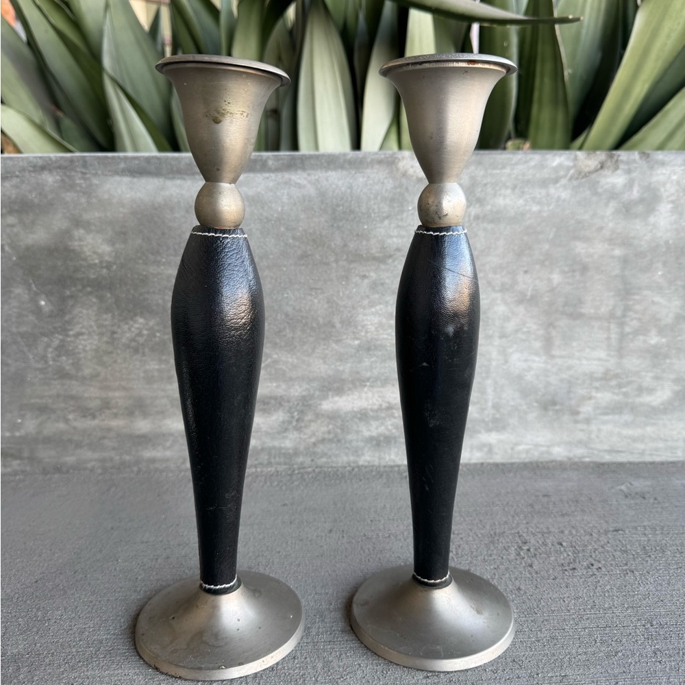 Brass Leather-Wrapped Stem Taper Candle Holders - Set of 2